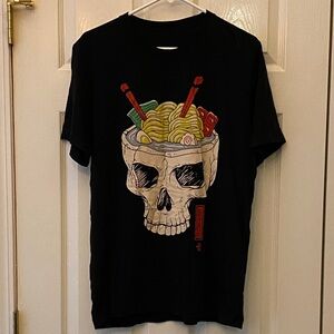 Black Graphic Tee with Skull and Ramen Design